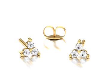 Triangle Diamond Stud/ Three Stone Diamond Earring/ 14k Gold Shared Prong set Earring/ Diamond Earring