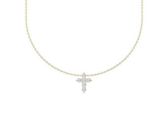 Diamond Cross Necklace / 14k Gold Shared Prong set Necklace / Layering Diamond Necklace / Gold Cross Necklace/ Cross Pendant