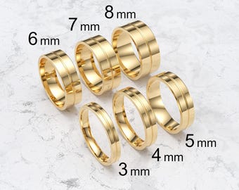 18k Solid Yellow Gold Flat Single Groove Wedding Band, 3mm-8mm Gold Wedding Ring, High Polish Comfort Fit Wedding Band, Personalized Ring