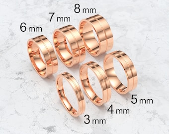 18k Solid Rose Gold Flat Single Groove Wedding Band, 3mm-8mm Gold Wedding Ring, High Polish Comfort Fit Wedding Band, Personalized Ring