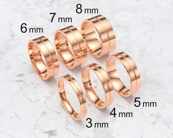14k Solid Rose Gold Flat Single Groove Wedding Band, 3mm-8mm Gold Wedding Ring, High Polish Comfort Fit Wedding Band, Personalized Ring