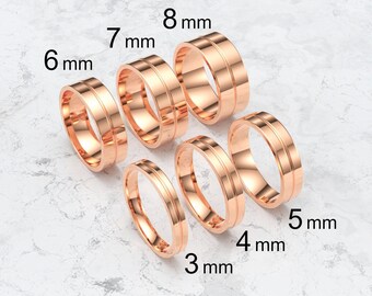 18k Solid Rose Gold Flat Single Groove Wedding Band, 3mm-8mm Gold Wedding Ring, High Polish Comfort Fit Wedding Band, Personalized Ring