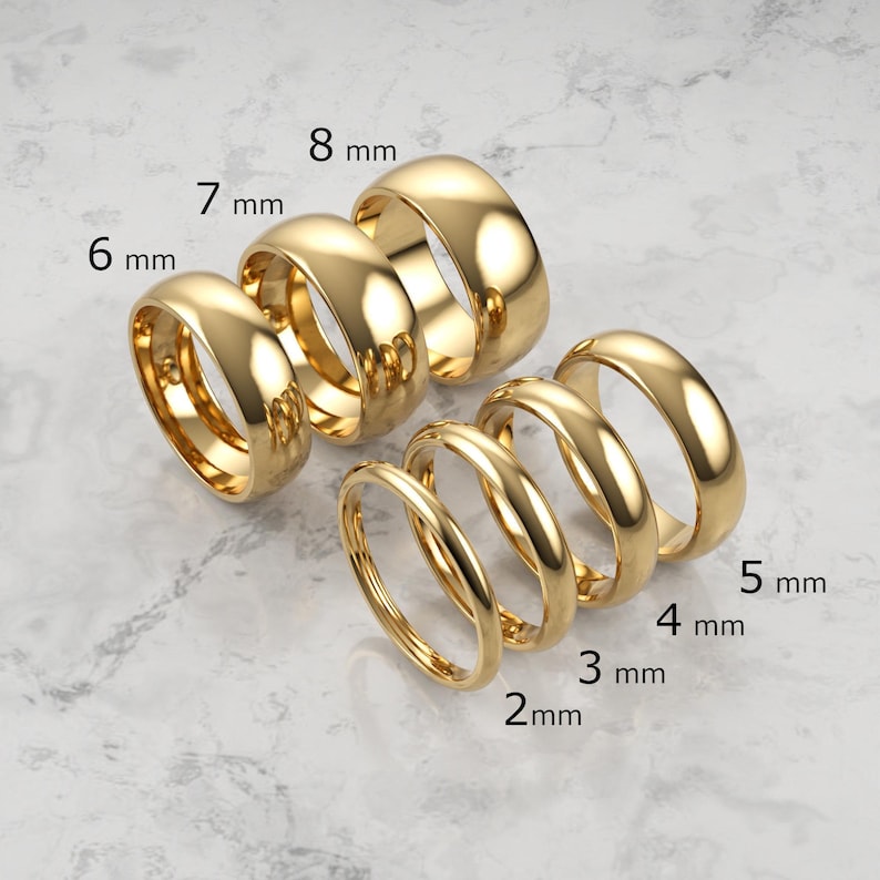 18k Solid Yellow Gold Domed Wedding Band | 2mm - 8mm Gold Ring | Classic Dome Comfort Fit Wedding Band | Men and Women's Engraved Ring image 1