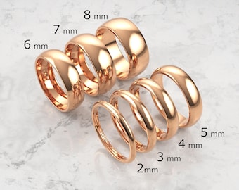 18k Solid Rose Gold Domed Wedding Band | 2mm - 8mm Gold Ring | Classic Dome Comfort Fit Wedding Band | Men and Women's Engraved Ring