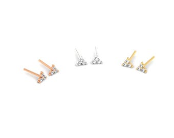 Triangle Diamond Stud/ Three Stone Diamond Earring/ 14k Gold