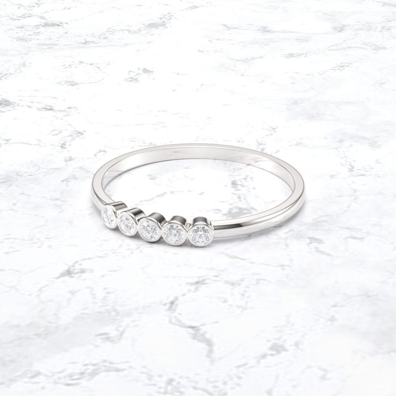 Diamond Bezel set Ring/ Dainty Diamond Ring/ 5 Stone Diamond Wedding Ring/ Five Stone Round Diamond Wedding Ring/ Bezel set Diamond Band image 4