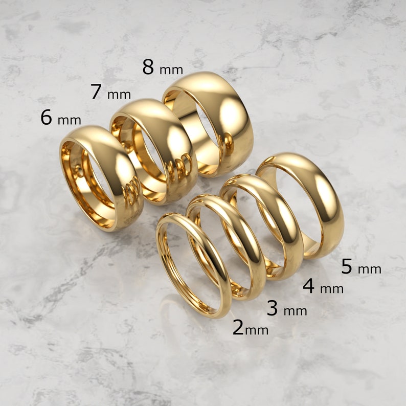 2mm, 3mm, 4mm,5mm, 6mm, 7mm, 8mm 14k yellow solid gold classic dome comfort fit wedding band.