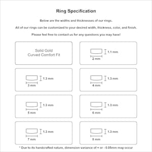 May include: Diagram showing ring specifications with measurements in millimetres. The text reads "Ring Specification" and details about customisation options. The rings are described as solid gold with a curved comfort fit.