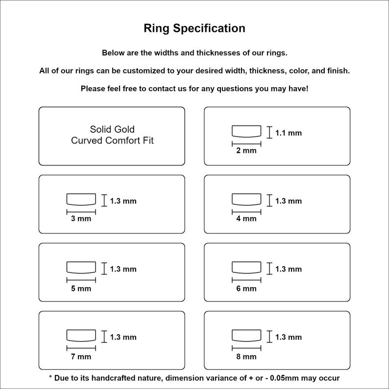 May include: Diagram showing ring specifications with measurements in millimetres. The text reads "Ring Specification" and details about customisation options. The rings are described as solid gold with a curved comfort fit.