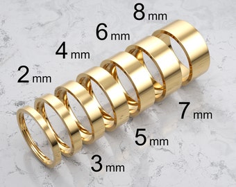 18k massief geel gouden platte trouwring | 2 mm - 8 mm gouden trouwring | Gepolijste platte Comfort Fit trouwring | Gepersonaliseerde trouwring