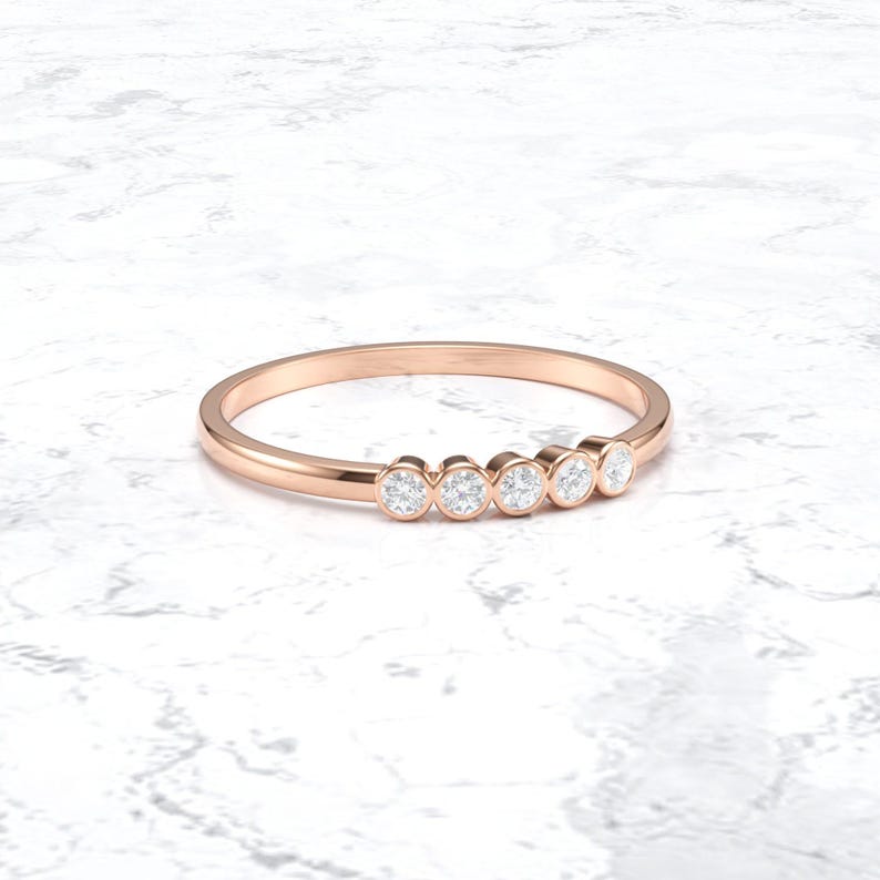 Diamond Bezel set Ring/ Dainty Diamond Ring/ 5 Stone Diamond Wedding Ring/ Five Stone Round Diamond Wedding Ring/ Bezel set Diamond Band image 7