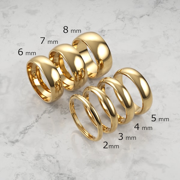 18k Solid Gelbgold Gewölbter Ehering | 2mm - 8mm Gold Ring | Classic Dome Comfort Fit Ehering | Herrenring und Damenring mit Gravur