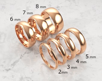 18k Solid Rose Gold Domed Wedding Band | 2mm - 8mm Gold Ring | Classic Dome Comfort Fit Wedding Band | Men and Women&#39;s Engraved Ring