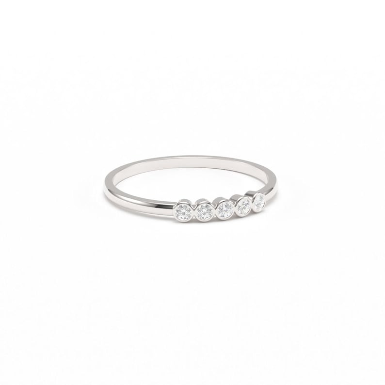 Diamond Bezel set Ring/ Dainty Diamond Ring/ 5 Stone Diamond Wedding Ring/ Five Stone Round Diamond Wedding Ring/ Bezel set Diamond Band image 6