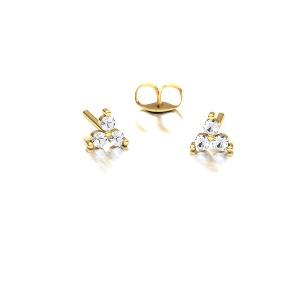 Numbering♥ #3191 Triangle Earrings with Stone Chain Triangle Diamond Stud/ Three Stone Diamond Earring/ 14k Gold