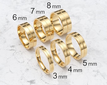 14k Solid Yellow Gold Flat Single Groove Wedding Band, 3mm-8mm Gold Wedding Ring, High Polish Comfort Fit Wedding Band, Personalized Ring