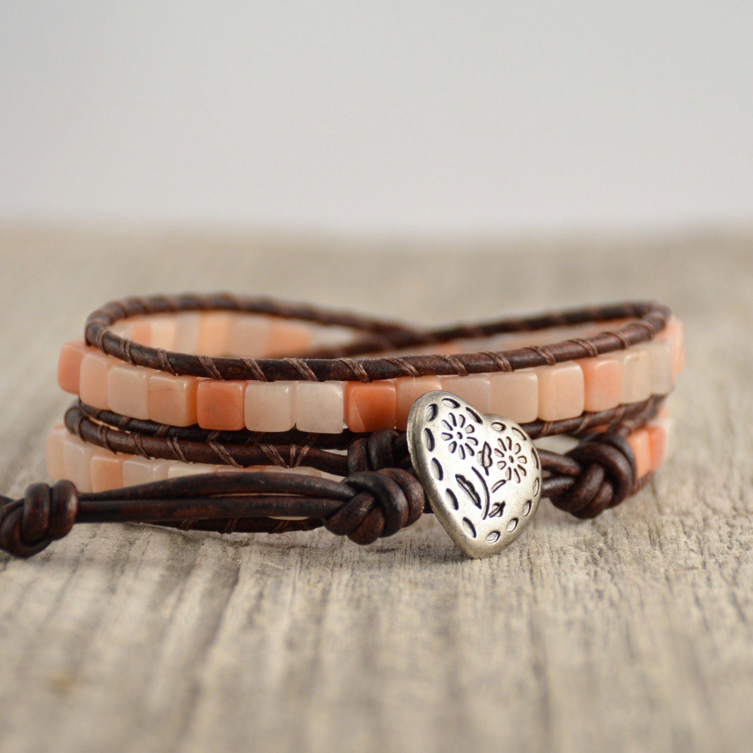 Leather wrap bracelet. Pink cube bohemian chic bracelet. Cube Etsy