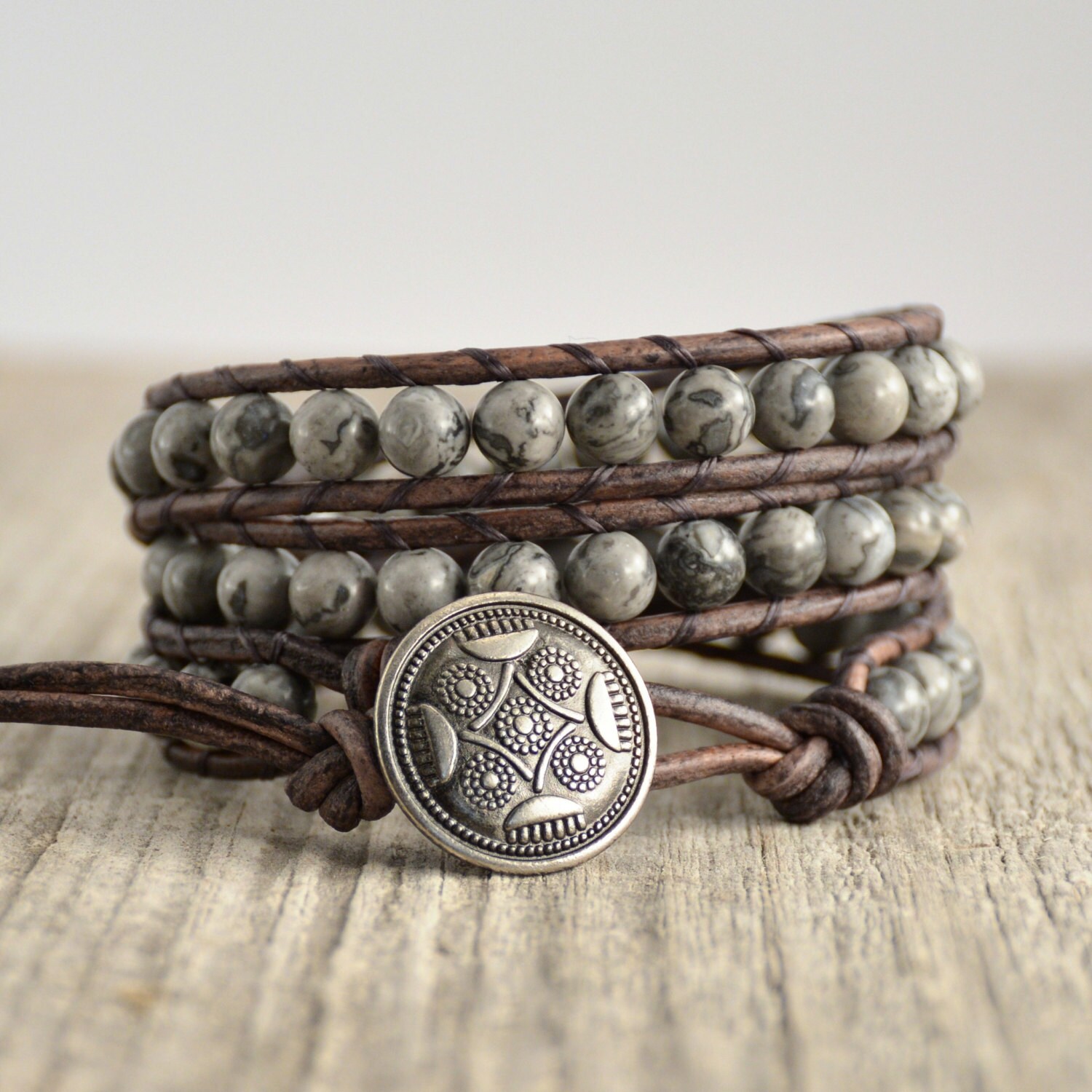 Triple wrap bracelet. Grey beaded leather wrap bracelet Etsy