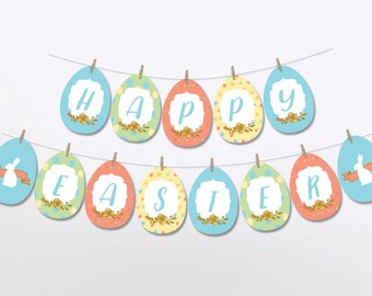 May include: A printable Easter banner with blue, yellow, and orange egg-shaped decorations. Each egg has a different letter spelling out "Happy Easter".