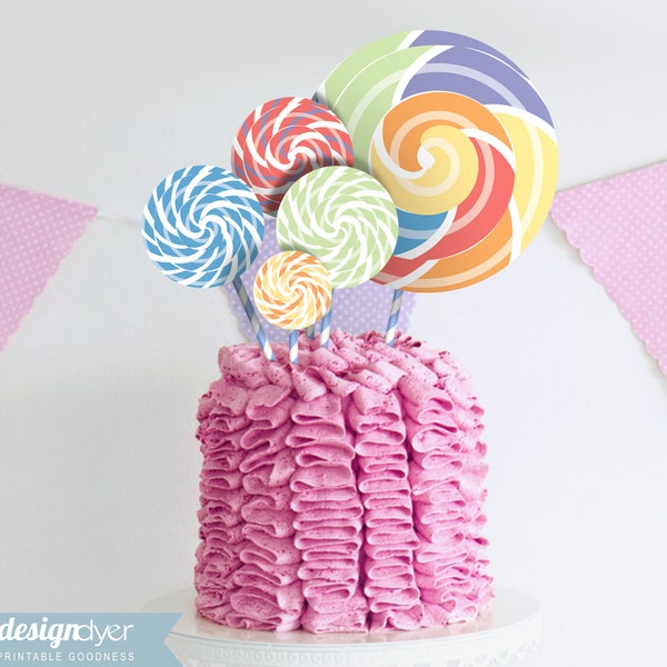 Rainbow Swirl Lollipops Printable Cake Toppers Garland Cupcake Toppers Party Decor INSTANT DOWNLOAD