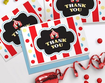 May include: Red and white striped thank you cards with a black chalkboard background featuring a circus tent and the text "Thank You".