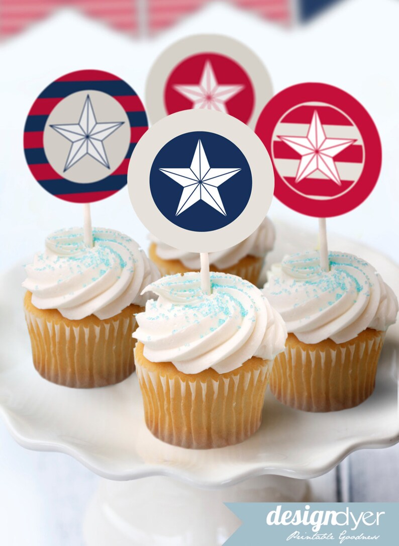 Red White & Blue Printable Star Cupcake Toppers 4th of July image 1