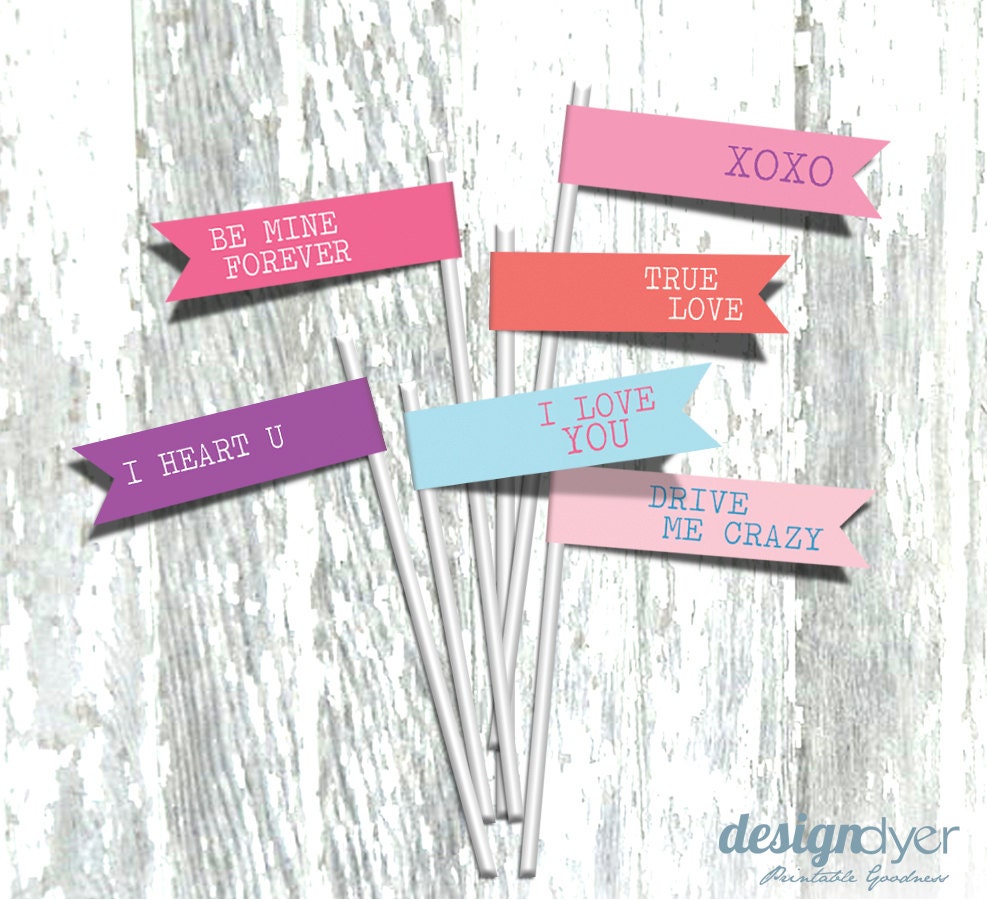 Valentine Printable Flags Cupcake Toppers in Pink Purple Blue - Etsy