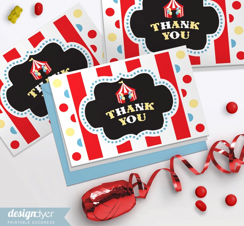 Circus Carnival Printable Folded Thank You Notes INSTANT DOWNLOAD image 1