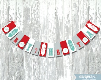 Merry Christmas Holiday DIY Printable Banner in Red & Mint Green Typography Instant Download