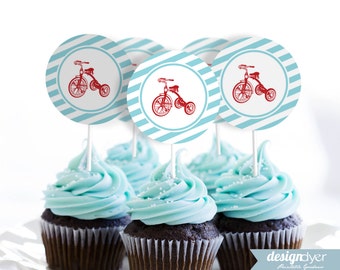 Classic Red Tricycle Printable Cupcake Toppers Favor Gift Tags Stickers Labels INSTANT DOWNLOAD