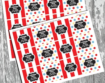 May include: Printable thank you tags with a red and white striped background and polka dots in red, blue, and yellow. The text on the tags reads "Thank You for coming to my party".