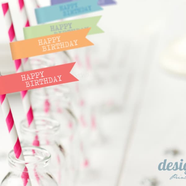 Rainbow Happy Birthday Drink Flags DIY Printable INSTANT DOWNLOAD