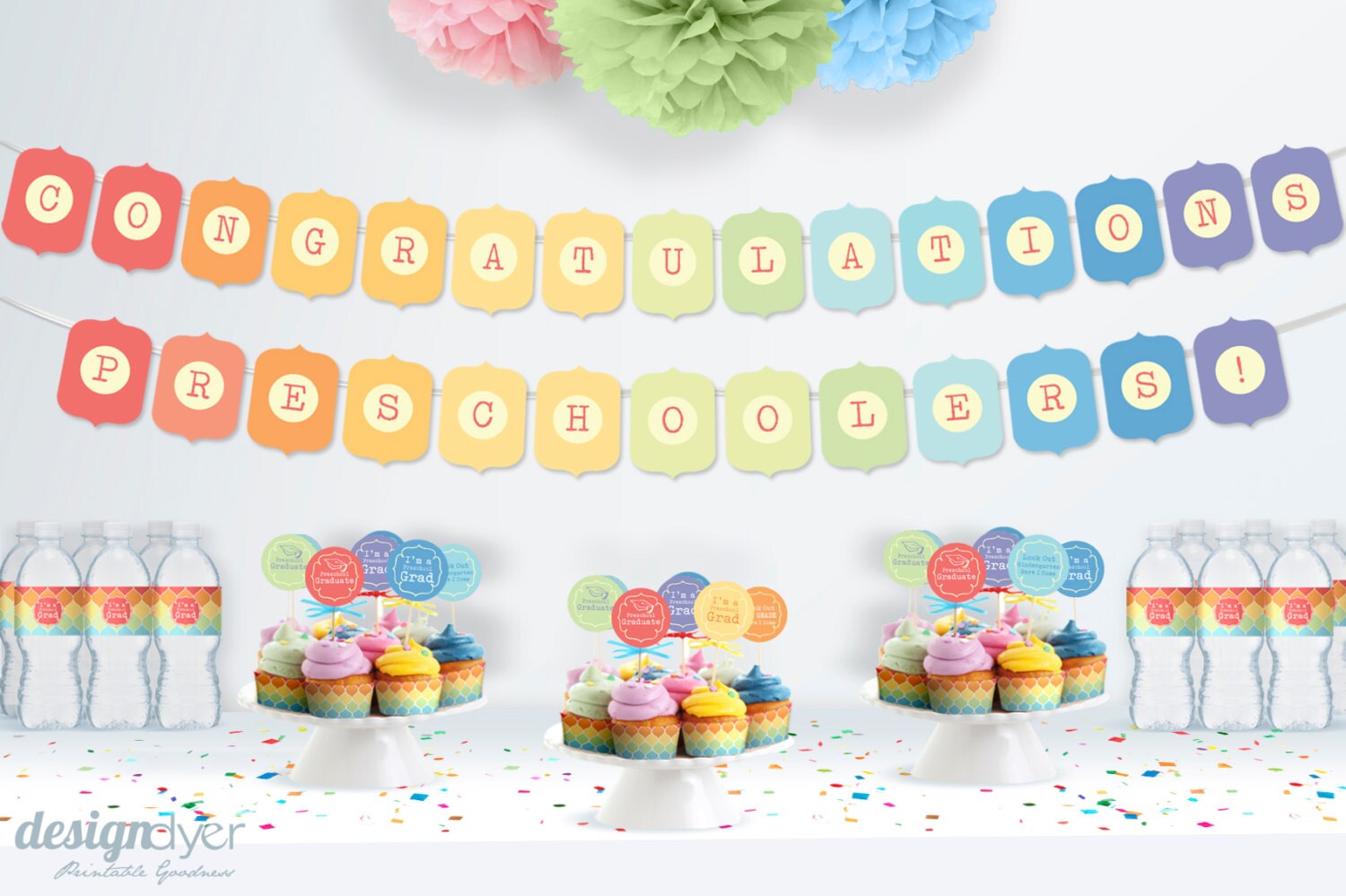 Preschool Graduation Printable Party INSTANT DOWNLOAD Rainbow Banner