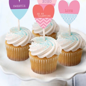 Valentine Cupcake Toppers Printable Colorful Heart Shaped Decorations or Gift Tags