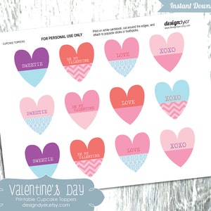 Valentine Cupcake Toppers Printable Colorful Heart Shaped Decorations or Gift Tags