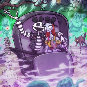 Peut inclure: Illustration de Jack Skellington et Sally de L'Étrange Noël de Monsieur Jack dans un cimetière. Jack porte une chemise rayée et Sally a les cheveux roux. Un chat noir, des fantômes et un corbeau sont également présents.