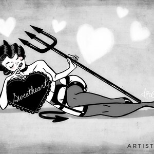 May include: Black and white illustration of a woman in lingerie, holding a pitchfork and a heart-shaped sign that says "Sweetheart". The artwork has a vintage pin-up style with heart-shaped accents and a devil tail.