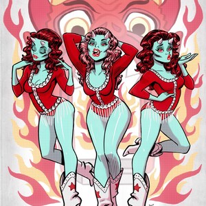May include: Illustration of three figures with teal skin, red hair, and horns, wearing red outfits with white trim and cowboy boots. A devil figure and flames are in the background. The artist's signature is in the bottom right corner.