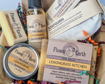 Housewarming Gift for First Home, Kitchen Gifts for Women Skin Care Gift Box, Hand Balm, Lemongrass Soap Bar, Essential Oil Spray, Sachet