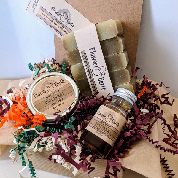 Patchouli Gift Set, Healing Balm, Patchouli Perfume Oil, Patchouli Soap Favors, Valentines Day Gifts for Mom from Daughter, Hippie Gifts Men