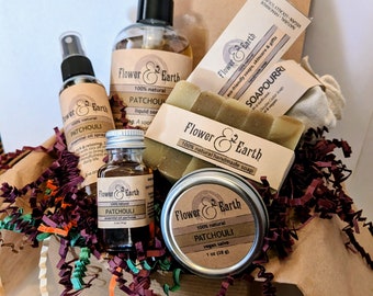 Patchouli Gift Box, Soap Favors, Liquid Soap, Patchouli Perfume Oil, Room Spray, Mothers Day Gifts for Mom from Daughter, Hippie Gifts