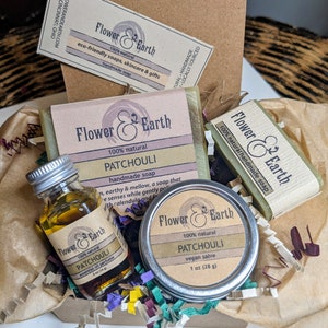 Patchouli Gift Box, Healing Balm, Patchouli Perfume Oil, Patchouli Soap Bar, Easter Basket Stuffers, Self Care Gift, Calendula Salve