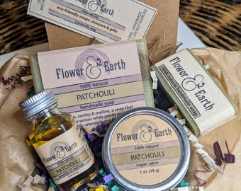 Patchouli Gift Box, Healing Balm, Patchouli Perfume Oil, Patchouli Soap Bar, Easter Basket Stuffers, Self Care Gift, Calendula Salve