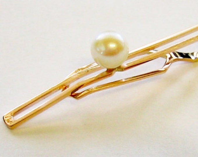10K Solid Yellow Gold & Genuine Pearl Tie Clip, Tie Bar, Tie holder...