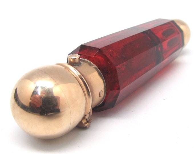 Antique French, 9CT GOLD and Ruby Cranberry Glass Perfume/Scent Bottle With Stoppers