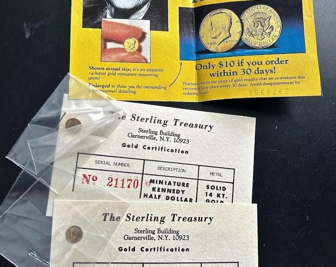 Two (2) Miniature, 1977 John F Kennedy Memorial 14 Karat Gold Half Dollars W/COA
