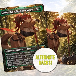 May include: Two Magic: The Gathering cards featuring Slinza, the Spiked Stampede, a Legendary Creature Beast. The artwork depicts a furry, anthropomorphic creature with red hair and a weapon. The cards have green borders and include game text. A circular sticker reads "ALTERNATE BACKS!"