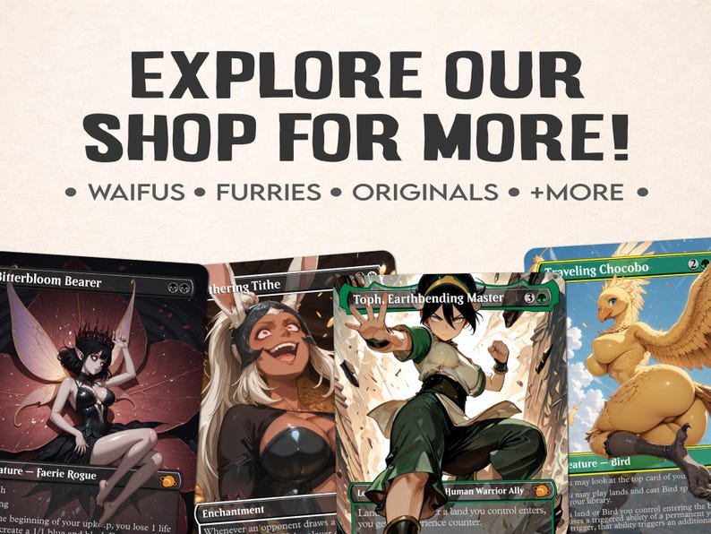 Op de afbeelding: Afbeelding met fantasy art trading cards met illustraties van personages in anime-stijl. De tekst "EXPLORE OUR SHOP FOR MORE!" staat bovenaan, met de woorden "WAIFUS", "FURRIES" en "ORIGINALS" eronder. De kaarten zijn in het Engels.