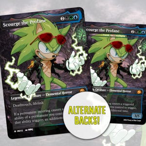 May include: Two trading cards featuring a green hedgehog character with red sunglasses and a black jacket. The cards are titled "Scourge the Profane" and have a dark background with lightning effects. A circular sticker reads "ALTERNATE BACKS!"