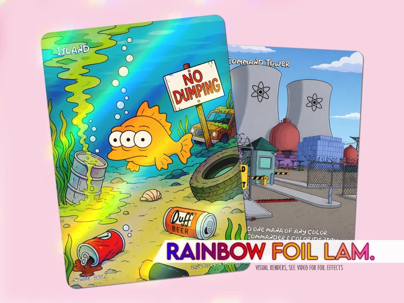 Op de afbeelding: Twee kleurrijke cartoon illustraties. E&eacute;n toont een onderwater sc&egrave;ne met een vis, een "No Dumping" bord en een "Duff Beer" blikje. De andere toont een kerncentrale. De tekst onderaan luidt "RAINBOW FOIL LAM."